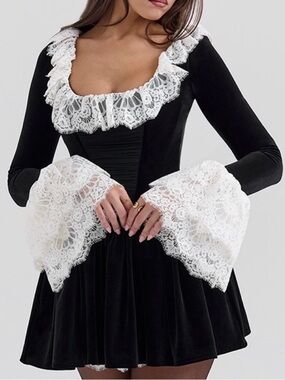 House of CB Czarina Black Velvet Mini Dress with White Lace Trim